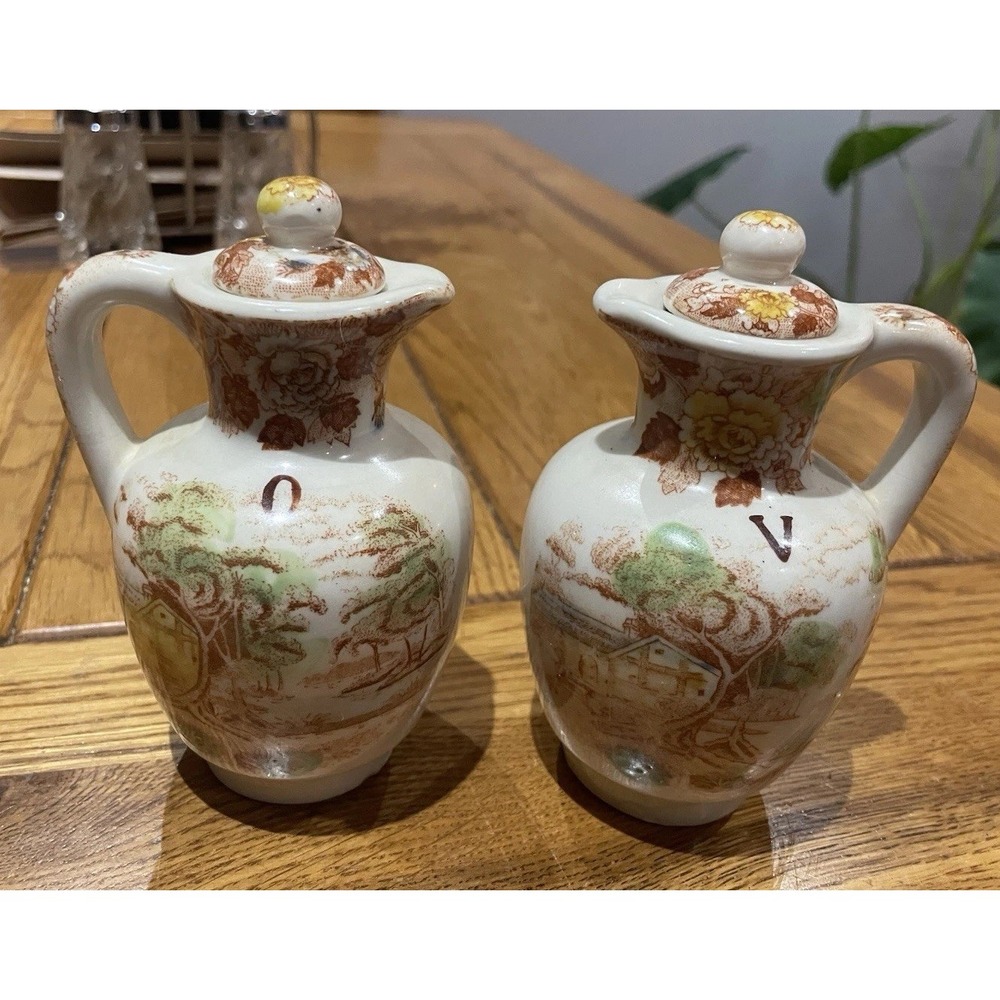 Vtg Oil Vinegar Cruets Set Nasco China Mountain Woodland Japan Cottage Farmhouse
